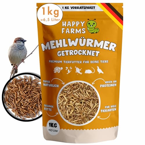 HappyFarms Getrocknete Mehlwürmer – 1kg proteinreiches Naturfutter für Wildvögel, Igel & Nager von HappyFarms