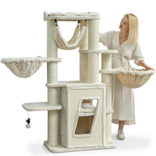 HAPPYPET Kratzbaum stabil 'Pepper' 157 cm - Premium XXL Katzenbaum für große Katzen mit Natursisal, Maine Coon, Große Liegemulden & Katzenhaus mit Sisalteppich, 12 cm Stämme, Creme HAPPYPET Kratzbaum stabil 'Pepper' 157 cm - Premium XXL Katzenbaum für große Katzen mit Natursisal, Maine Coon, Große Liegemulden & Katzenhaus mit Sisalteppich, 12 cm Stämme, Creme von Happypet