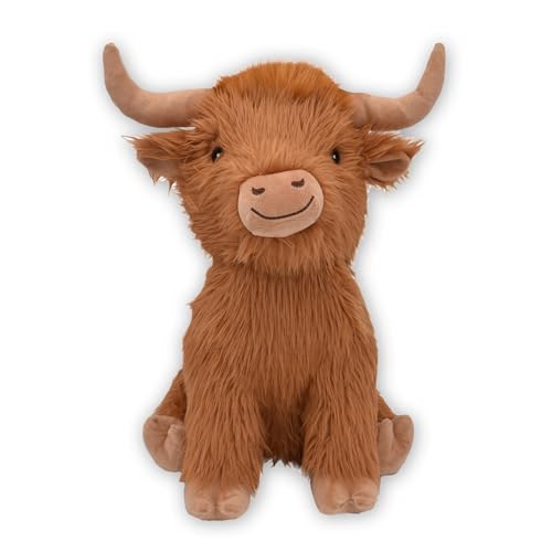 Happy Pet Jumbo-Hundespielzeug Highland Cow, weicher Plüsch mit eingebautem Quietscher zum Kuscheln, Kauen und Apportieren, zotteliges Fell und Lange Hörner für Komfort, Spaß und interaktives Spielen von Happypet