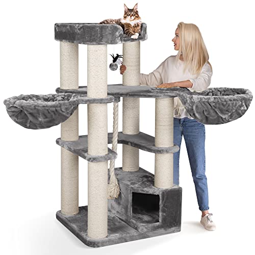 HAPPYPET Kratzbaum für große Katzen 'Oscar' - 161 cm Premium Katzenbaum stabil 47 kg, 12 cm Dicke Stämme für schwere Katzen Maine Coon, 600g Plüsch, geprüftes Holz, Grau von Happypet