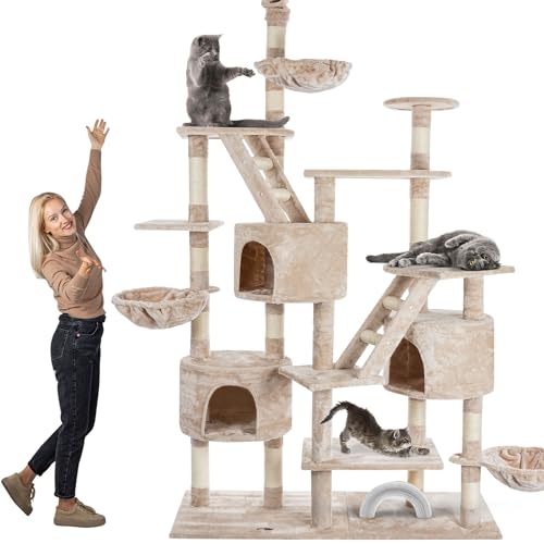 HAPPYPET Kratzbaum deckenhoch 260 cm hoch, Kletterbaum SAM – Großer XXL Katzenbaum Stabil für mehrere Katzen, stabile 8 cm Säulen, Liegemulden, Häuser, mit Zubehör, Beige von Happypet