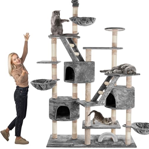 HAPPYPET Kratzbaum deckenhoch 260 cm hoch, Kletterbaum SAM – Großer XXL Katzenbaum Stabil für mehrere Katzen, stabile 8 cm Säulen, Liegemulden, Häuser, mit Zubehör, Grau von Happypet