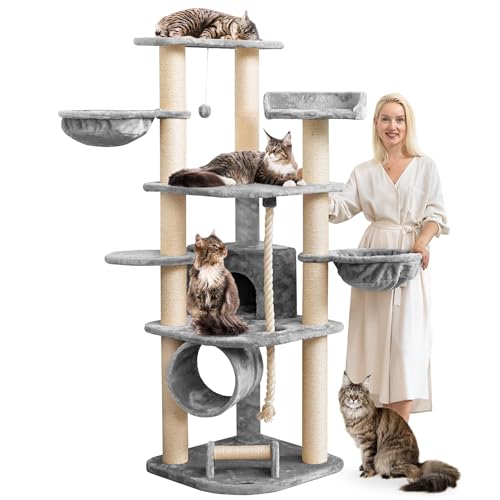 HAPPYPET Großer Kratzbaum Stabil 'Parker' 171 cm - 11 cm Stämme, Haus & Spieltunnel, Große Liegemulden, Kratzrolle, Kletterbaum XXL Katzenbaum für Katzen, Grau von Happypet