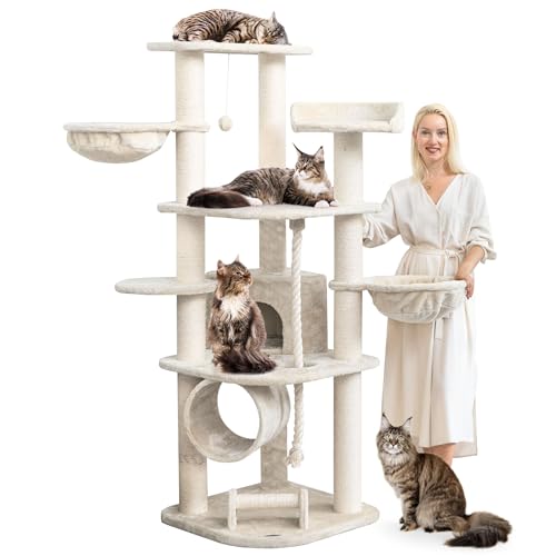 HAPPYPET Großer Kratzbaum Stabil 'Parker' 171 cm - 11 cm Stämme, Haus & Spieltunnel, Große Liegemulden, Kratzrolle, Kletterbaum XXL Katzenbaum für Katzen, Creme von Happypet