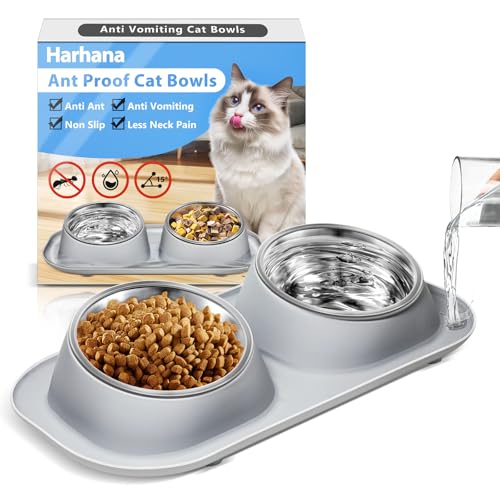 Ant Away Erhöhte Katzennäpfe aus Edelstahl mit Ständer, geneigt, Anti-Erbrechen, doppeltes Futter- und Wassernapf-Set (Grau, 473 ml) von Harhana