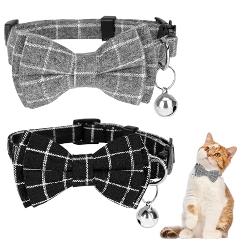 2 Stück Katzenhalsband mit Abtrünniger Fliege und Glöckchen, Blau Weiß Kariertes Katzenhalsband mit Schnellverschluss, Verstellbares Einfarbiges Set für Kätzchen und Welpen(Farbe 2) von Hariendny