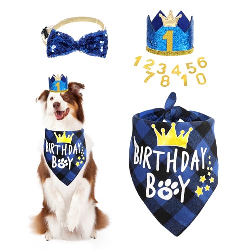 Hundegeburtstags-Partyzubehör, blaues Hunde-Geburtstags-Bandana-Set mit niedlicher Hunde-Fliege, Hunde-Geburtstagshut mit Zahlen, Hunde-Geburtstags-Outfit, Kronenhut mit Zahlen für kleine, mittelgroße Hundegeburtstags-Partyzubehör, blaues Hunde-Geburtstags-Bandana-Set mit niedlicher Hunde-Fliege, Hunde-Geburtstagshut mit Zahlen, Hunde-Geburtstags-Outfit, Kronenhut mit Zahlen für kleine, mittelgroße von Hariendny
