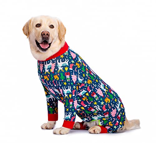 Harikaji Einteiler für Hunde, vollständige Abdeckung, Anti-Leck-Pyjama, vierbeinig, weiche Gelenkschutzkleidung für mittelgroße und große Hunde (Weihnachtsbaum, 34) von Harikaji