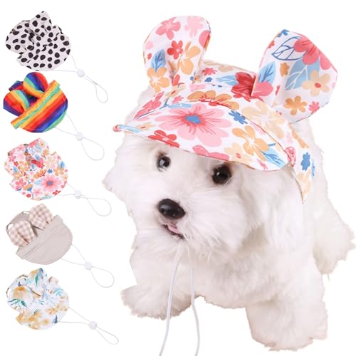 Harikaji Haustierkappe, Ohrform, niedlicher Hut, modischer Hund, Leinen, Prinzessinnenhut, verstellbarer Kinnriemen, Sonnenschutz, Visier für Katzen, Welpen, Hunde, rosa Blume, Größe L von Harikaji