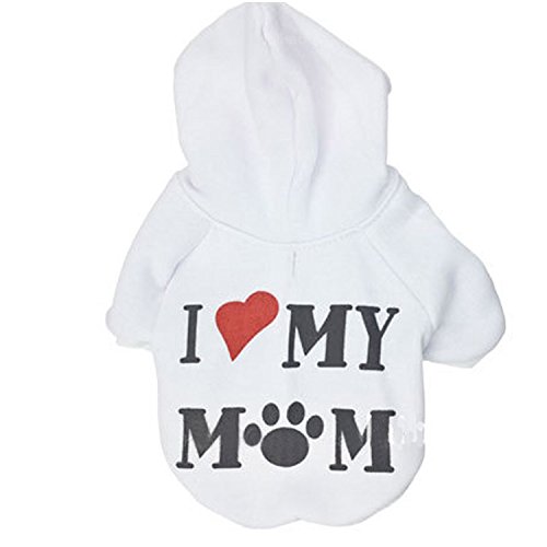 Harikaji Haustierkleidung, mit Aufschrift "I Love My Mom", bedruckt, warm, für Welpen, Katzen, Winterkostüm, Teddy-Kleidung für kleine Hunde (Größe M, Weiß) von Harikaji