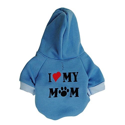 Harikaji Haustierkleidung, mit Aufschrift "I Love My Mom", bedruckt, warm, für Welpen, Katzen, Winterkostüm, Teddy-Kleidung für kleine Hunde (Größe XS, Blau) von Harikaji
