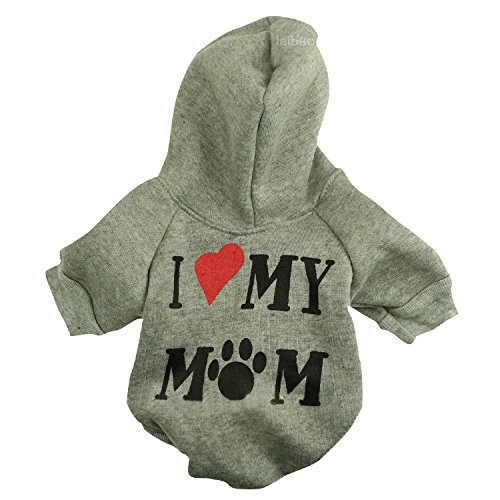 Harikaji Haustierkleidung, mit Aufschrift "I Love My Mom", bedruckt, warm, für Welpen, Katzen, Winterkostüm, Teddy-Kleidung für kleine Hunde (Größe XS, Grau) von Harikaji