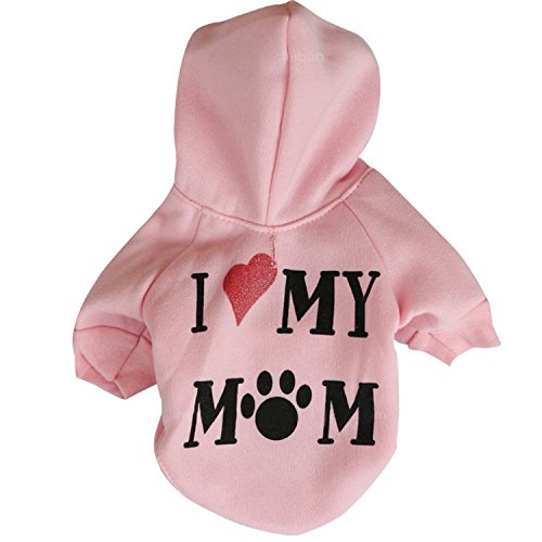 Harikaji Haustierkleidung, mit Aufschrift "I Love My Mom", bedruckt, warm, für Welpen, Katzen, Winterkostüm, Teddy-Kleidung für kleine Hunde (Größe XS, Rosa) von Harikaji