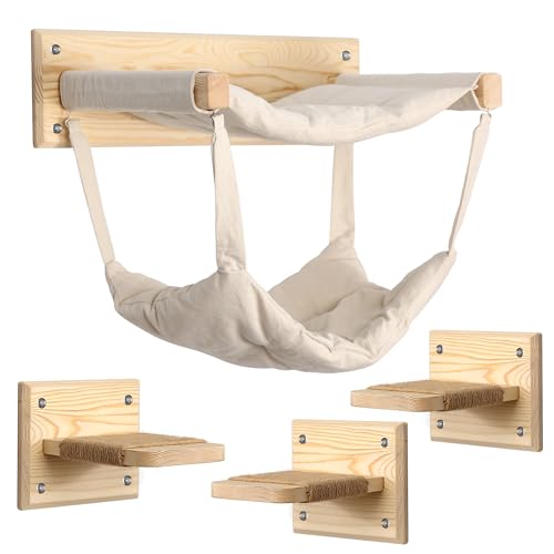 Luxus-Katzenmöbel aus Holz mit doppelter Hängematte und Stufen, stilvolle moderne Katzenhäuser, mehrstufiges Indoor-Katzen-Aktivitätszentrum mit Sisal, Premium-Spielhaus für spielerische Katzen von Harmony Essentials