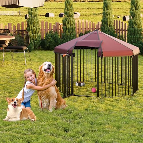 Octagon Outdoor Hundehütte mit Dach, große Hundehütte draußen mit Metallgitter, Outdoor-Hunde-Laufstall mit sicherem Schloss für den Hinterhof (4,9 x 4,9 x 3,6 Fuß) von HarmonyHealth