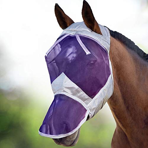 Harrison Howard CareMaster Pferde Fliegenmaske UV-Schutz ohne Ohren mit Nasenschutz Silber/Lila Vollblut (M) von Harrison Howard