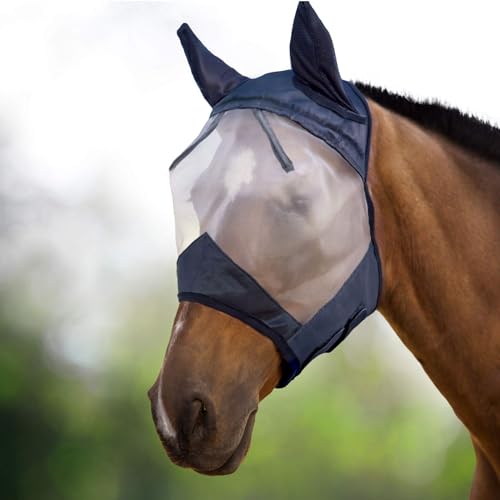 Harrison Howard CareMaster Pferde Fliegenmaske Halbes Gesicht Standard mit Ohren Pferd Fliegenschutz Maske schwarz/Silber Retro, Cob (Medium) von Harrison Howard