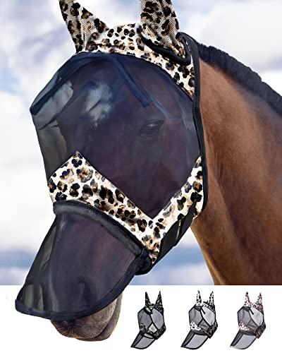 Harrison Howard CareMaster Pferde Fliegenmaske Lange Nase mit Ohren UV-Schutz für Pferde-Leopardenmuster (M) von Harrison Howard