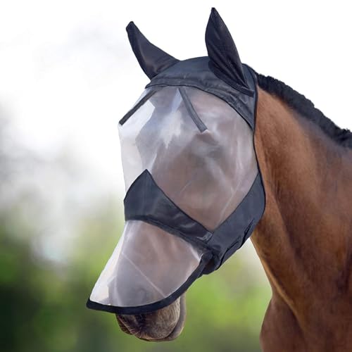 Harrison Howard CareMaster Pferde Fliegenmaske mit Langen Nasen und Ohren, Retro-Stil, Schwarz/Silber, Cob (Medium) von Harrison Howard