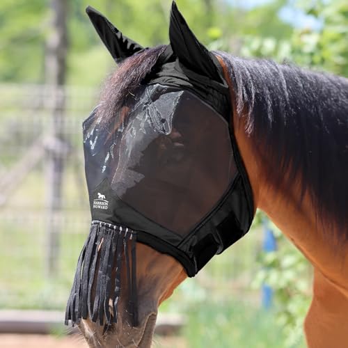 Harrison Howard CareMaster Pferde Fliegenmaske mit Ohren und Nasenfransen Fliegenschutz-Verteidigermaske-Piano Black von Harrison Howard