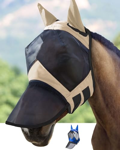 Harrison Howard CareMaster Pro Leuchtendes Pferde Fliegenmaske Lange Nase mit Ohren UV-Schutz für Pferd-Light Champagne von Harrison Howard