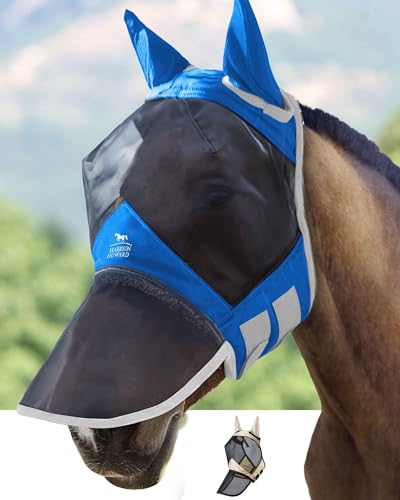 Harrison Howard CareMaster Pro Luminous Horse Fly Mask Large Eye Space Long Nose with Ears UV Protection for Horse Signature Blue Harrison Howard CareMaster Pro Luminous Horse Fly Mask Large Eye Space Long Nose with Ears UV Protection for Horse Signature Blue von Harrison Howard