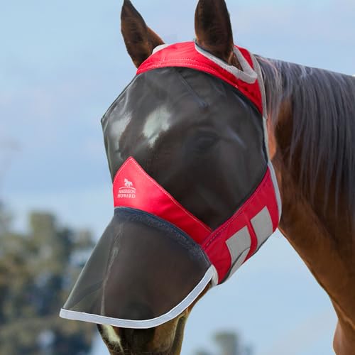 Harrison Howard CareMaster Pro Luminous Pferde Fliegenmaske UV-Schutz Fleece-Polsterung ohne Ohren mit Nasenschutz Rot Warmblut (L) von Harrison Howard
