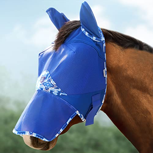 Harrison Howard Fliegenmaske für Pferde, lange Nase mit Ohren, Fleece-Einfassung mit attraktiven Mustern, fügt mehr Flair hinzu, charakteristisches blaues Warmblut, Größe XL von Harrison Howard