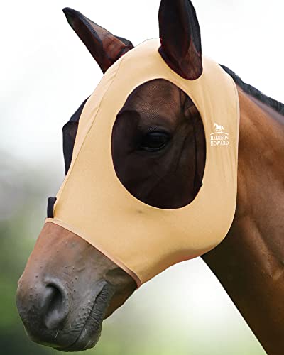 Harrison Howard Fliegenmaske für Pferde, super bequeme, elastisch mit Ohren-UV-Schutz, Champagner-Gold, volle Größe L von Harrison Howard