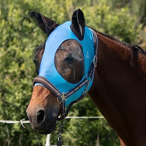 Harrison Howard Fliegenmaske für Pferde, super bequeme, elastisch mit Ohren-UV-Schutz, kleines Pferd, Azurblau, Größe M von Harrison Howard
