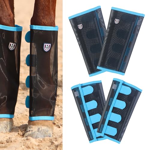 Harrison Howard Locker sitzende Fliegengamaschen für Pferde, atmungsaktiv, reißfest, feinmaschig, Beinschützer, Stay-on bequeme Fliegengamaschen (4er-Set) Himmelblau Pony von Harrison Howard