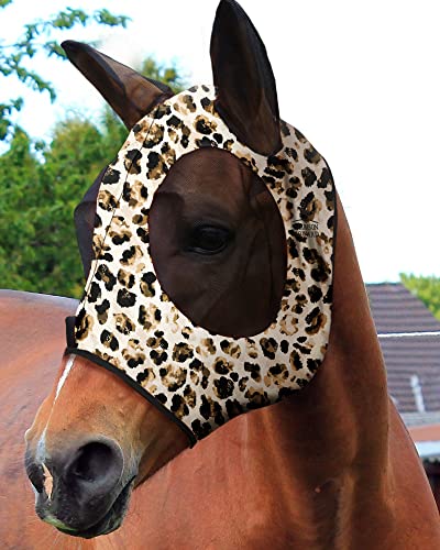 Harrison Howard Dehnbare Pferdefliegenmaske mit UV-Schutz, super komfortabel, sanft zur Haut und atmungsaktiv, Leopardenmuster, XL, Extra volle Größe von Harrison Howard