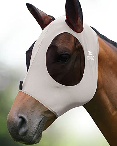 Harrison Howard Fliegenmaske für Pferde, super bequeme und elastische Pferdemaske mit Ohren-UV-Schutz, Sanftes Grau, Vollmaske, Größe XL von Harrison Howard