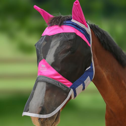 Harrison Howard UV-beständige Vorverriegelung Zuverlässiger Schutz Pferde Fliegenmaske Lange Nase mit Ohren-Fuchsia/Navy (L; Full Size) von Harrison Howard