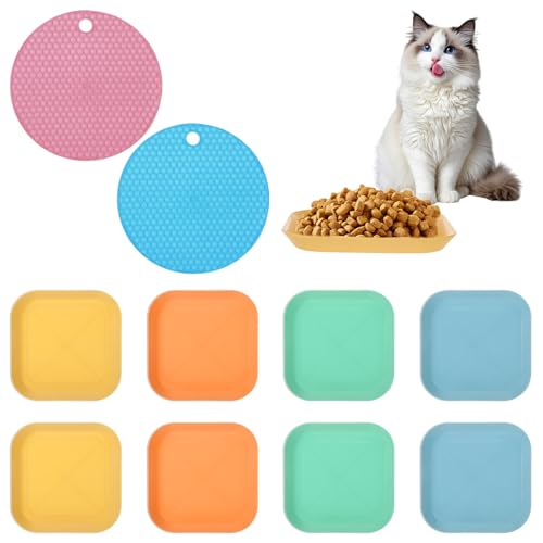 8 Stück ​​Katzennapf Flach​​ Katzennapf Keramik mit 2 Anti-Rutsch Matten, ​​Futternapf Katze​​ 15cm/5.9inch Runde ​​Katzennapf​​ Plastik Set (14.5cm/5.71inch) von Hauojaus