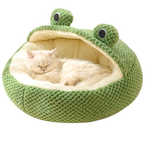Hausio Katzenbett, 50cm × 50cm Niedliches froschförmiges, Überdachtes Katzenhöhle, Weiches Plüsch, Halbgeschlossenes Haustierbett, Rutschfestes Katzen Hundeschlafbett Kleine Haustiere (A) von Hausio