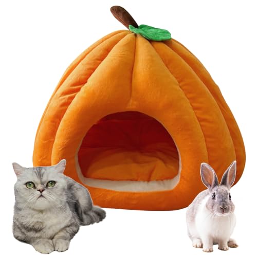Warmes Katzenhöhle für Hauskatzen, Kürbis Katzenhaus, niedliche Kürbisform, Hundehöhle, Katzenhaus Indoor, Katzenzelt mit abnehmbarem Kissen, Welpenhaus für Katzen, kleine Hunde (Orange, L) von Hausio