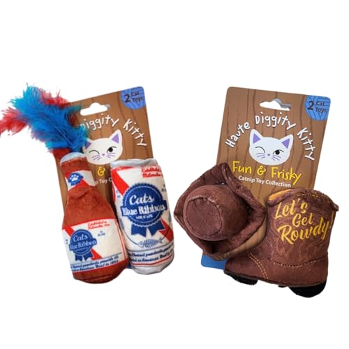 Haute Diggity Kitty Katzenspielzeug mit blauem Band und Cowboy-Set, Plüsch-Katzenminze gefüllt mit interaktivem Knistergeräusch, sicheres und langlebiges Spielzeug für Katze und Kätzchen, 4 Stück von Haute Diggity Kitty