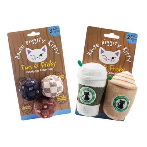 Haute Diggity Kitty Vuiton Checker Balls + Meowbucks Catpuccino Set, Plüsch-Katzenspielzeug Katzenminze gefüllt mit interaktivem Knistergeräusch, sicheres und langlebiges Spielzeug für Katze und von Haute Diggity Kitty