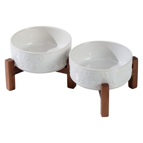 Havniva Doppelnapf-Set aus Keramik, 13 cm, mit Ständer aus Akazienholz, 2 Höhen, Futter- und Wassernäpfe für Welpen, Kätzchen, Katzen, 383 ml, Arktis-Weiß von Havniva