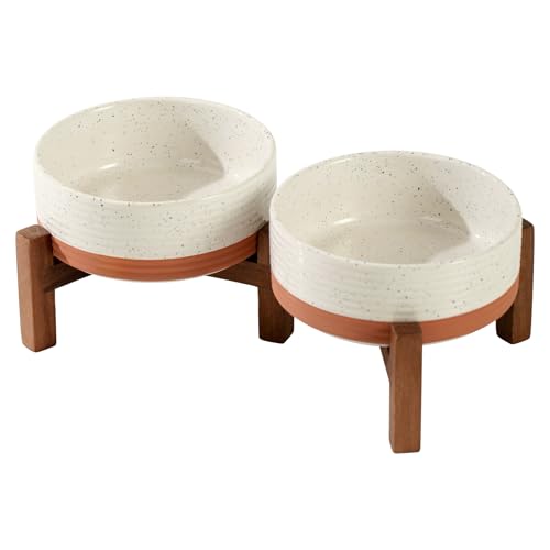 Havniva Doppelnapf-Set aus Keramik, 13 cm, mit Ständer aus Akazienholz, 2 Höhen, Futter- und Wassernäpfe für Welpen, Kätzchen, Katzen (383 ml, Vanilleweiß) von Havniva