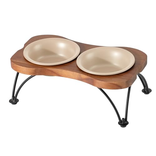 Havniva Doppelnapf-Set aus Keramik, 14 cm, mit rutschfestem Ständer, Futter- und Wassernapf für Welpen und Katzen, breite Öffnung mit abgerundeten Kanten (Haferbeige) von Havniva