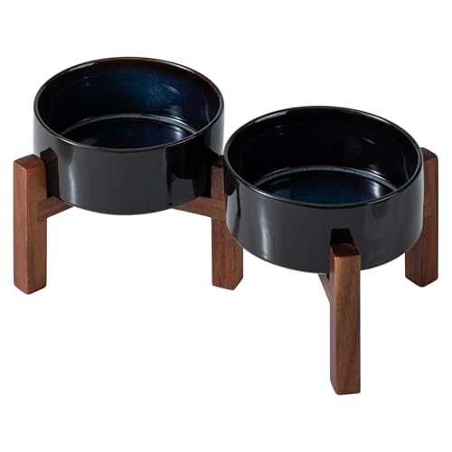 Havniva Doppelnapf-Set aus Keramik, 15,5 cm, mit Ständer aus Akazienholz, 2 Höhen, Futter- und Wassernäpfe für kleine Hunde (800 ml, Sternenhimmel) von Havniva