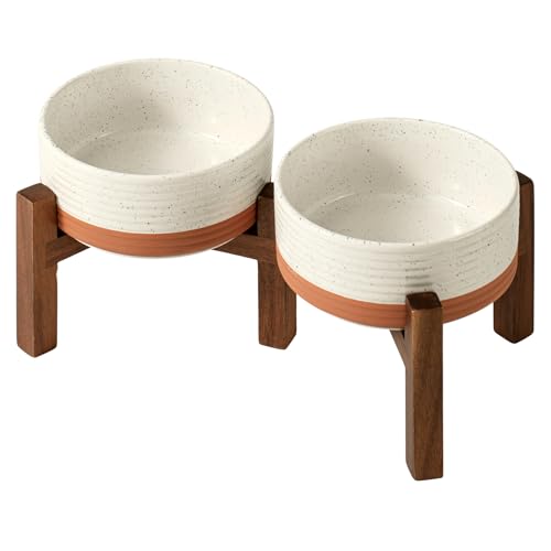 Havniva Doppelnapf-Set aus Keramik, 15,5 cm, mit Ständer aus Akazienholz, 2 Höhen, Futter- und Wassernäpfe für kleine Hunde (800 ml, Vanilleweiß) von Havniva