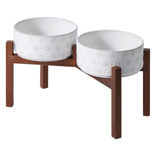 Havniva Doppelnapf-Set aus Keramik, 20,8 cm, mit Ständer aus Akazienholz, Futter- und Wassernäpfe für große Hunderassen, beschwerter Hundenapf, Haustiernapf (1,700 g) von Havniva