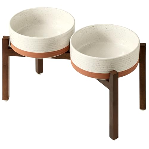 Havniva Doppelnapf-Set aus Keramik, 20,8 cm, mit Ständer aus Akazienholz, Futter- und Wassernäpfe für große Hunderassen, gewichteter Futternapf (1,7 l, Vanilleweiß) von Havniva