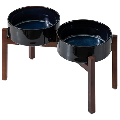 Havniva Doppelnapf-Set aus Keramik, 20,8 cm, mit Ständer aus Akazienholz, Futter- und Wassernäpfe für große Rassen, beschwertes Haustiergeschirr (1,7 l, Sternenhimmel) von Havniva