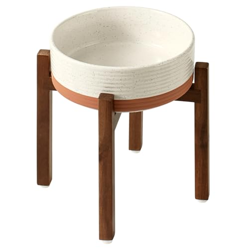 Havniva Erhöhter Futternapf aus Keramik, 20,8 cm, erhöht, mit Ständer aus Akazienholz, Futter- und Wassernapf für große Hunderassen, beschwerter Futternapf (1,7 l, Vanilleweiß) von Havniva