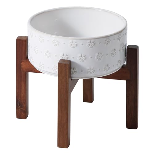 Havniva Keramik 21cm erhöhtes Hundenapf-Set mit Akazienholzständer, Futter- und Wassernapf für Hunde großer Rassen, beschwerte Tiernäpfe(1800ml, Arktisch Weiß) von Havniva