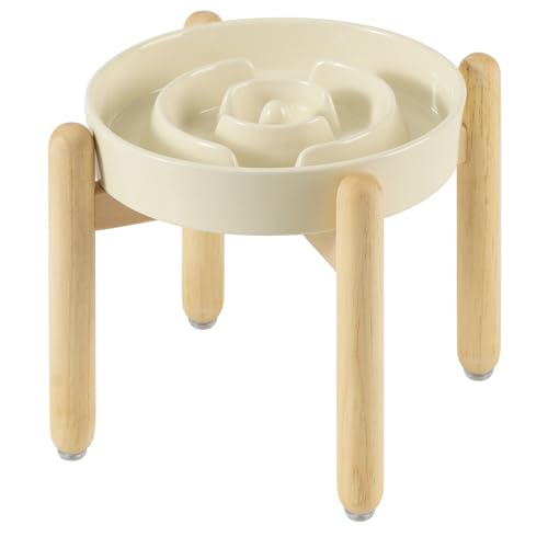 Havniva Erhöhter Futternapf aus Keramik, 24,1 cm, erhöhter Futternapf mit Holzständer für große Hunde, Puzzle, langsames Fressnapf, Anti-Schluck (Beige, Einzelnapf + Ständer) von Havniva
